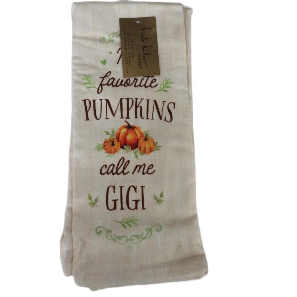 NWT Nicole Miller Gigi Organic Cotton Kitchen Towels Pack 2 Pimpkins Off-white
